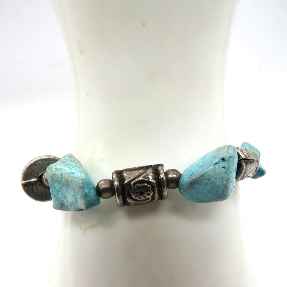Stone Bracelet Blue Howlite Silver Tone Chunky Beaded Toggle Clasp